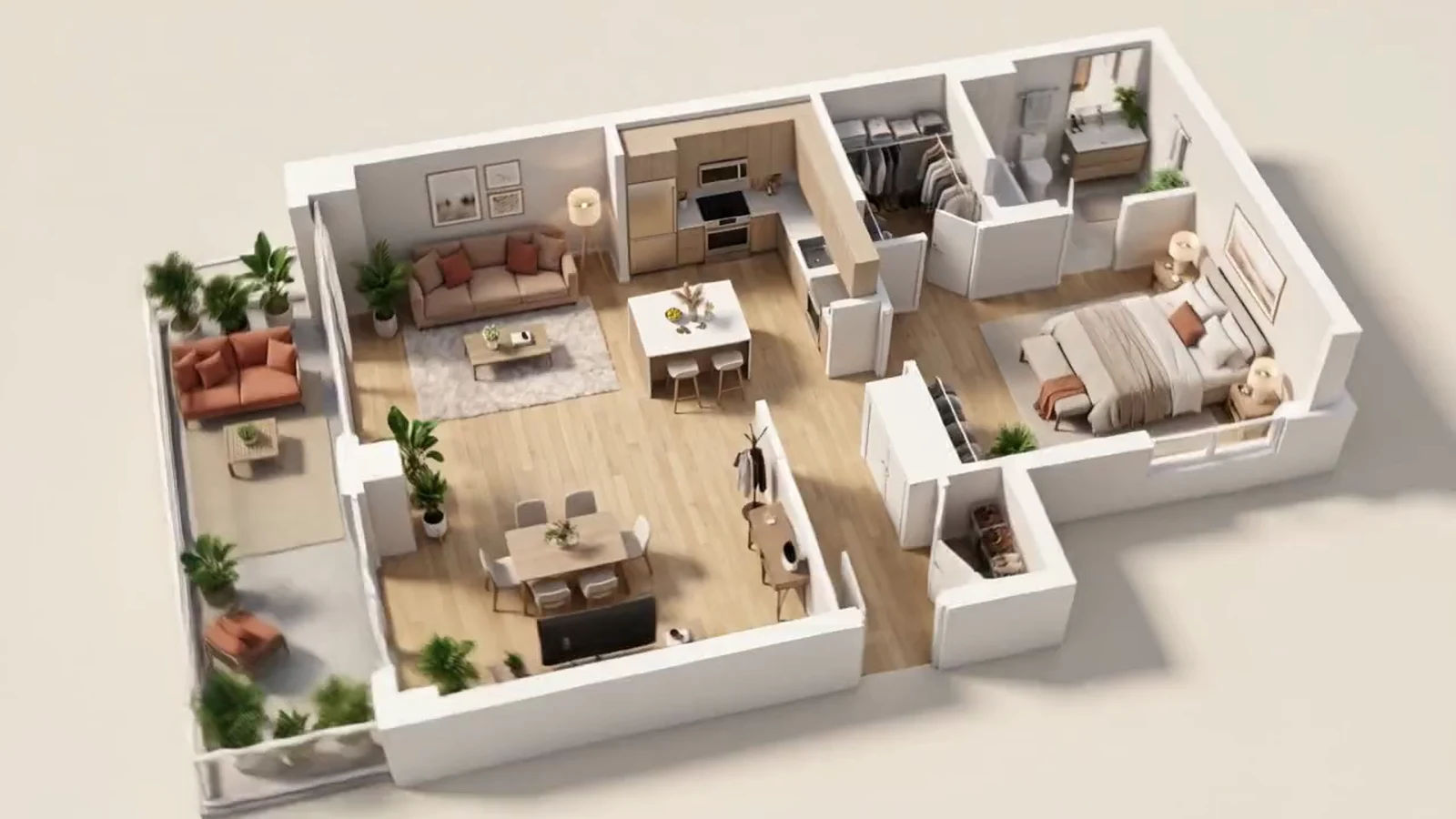 Furnished 3D model of the one-bedroom apartment