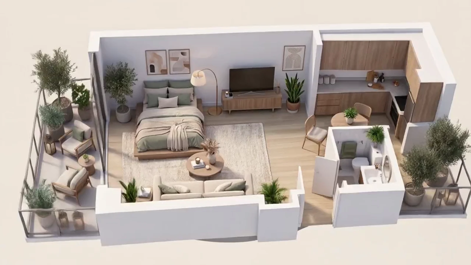 Furnished 3D model of the studio apartment