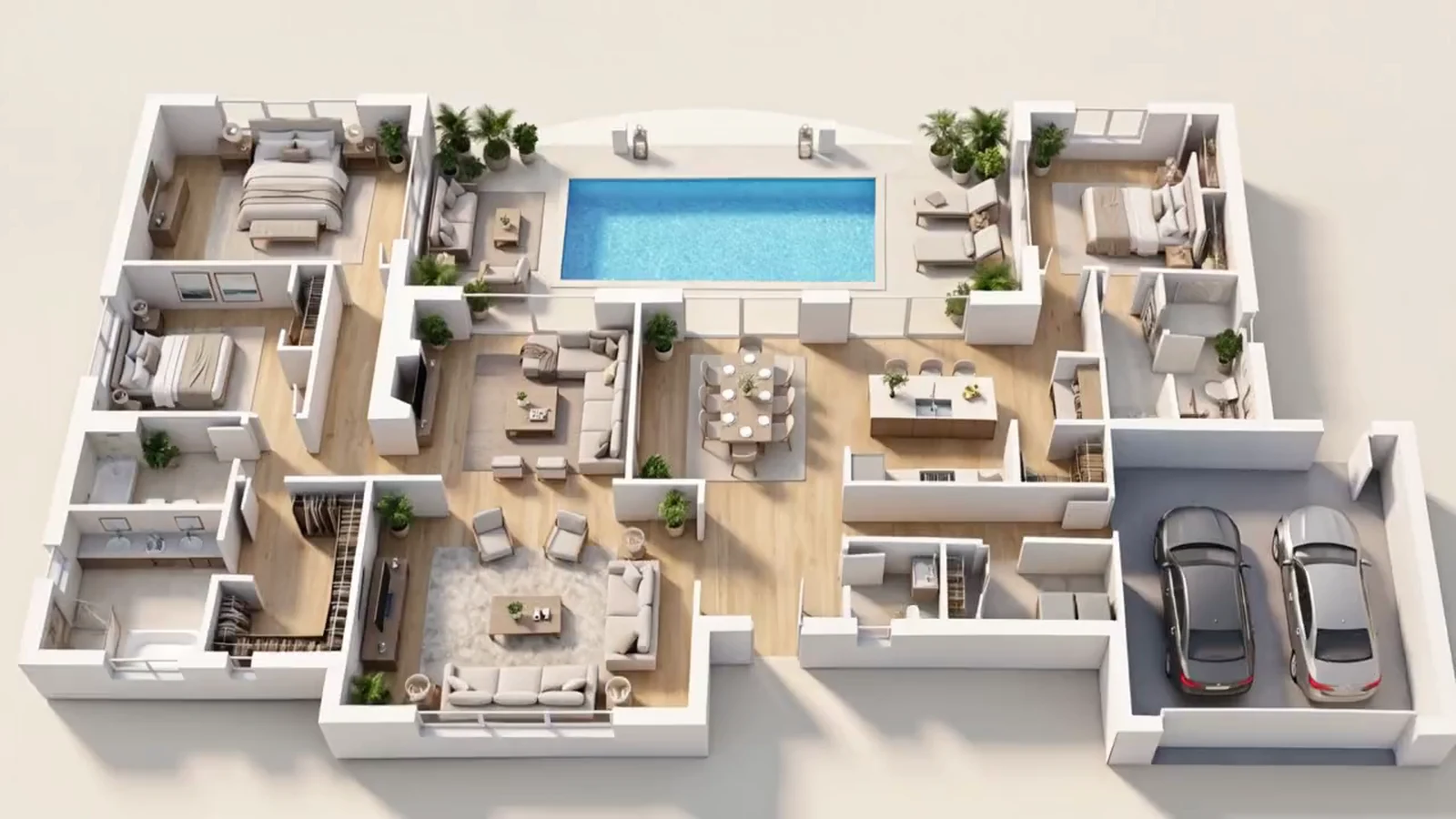 Furnished 3D model of the villa with pool courtyard